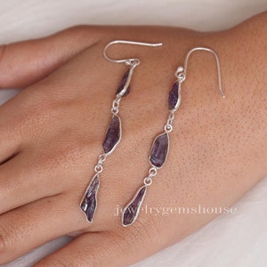 Rohe Amethyst Ohrringe, 925 Sterling Silber Ohrringe, Rohedelstein Ohrringe, Baumeln Tropfen Ohrringe, Februar Geburtsstein, Handgemachter Schmuck