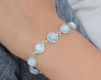 Dominican Larimar Bracelet, 925 Sterling Silver Bracelet, Round Shape Bracelet, Women Bracelet, Bohemian Jewelry, Handmade Bracelet