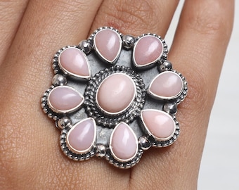 Pink Opal Ring, 925 Sterling Silver Ring, Floral Shaped Ring, Gemstone Ring, Statement Silver Ring, Handmade Jewelry Ring, Anniversary Gift