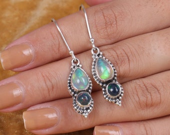 Ethiopian Opal & Black Opal Earrings, 925 Sterling Silver Earrings, Gemstone Earrings, Boho Earrings, Dangle Drop Earrings, Gift for Her.