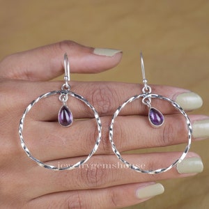 Amethyst Earrings, 925 Sterling Silver Earrings, Women Silver Earrings, Pear Gemstone Earrings, Dangle Drop Earrings, Boho Handmade Jewelry