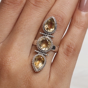Citrine Ring, 925 Sterling Silver Ring, November Birthstone Ring, Three Gemstone Ring, Statement Jewelry, Women Silver Ring, Gift for Her