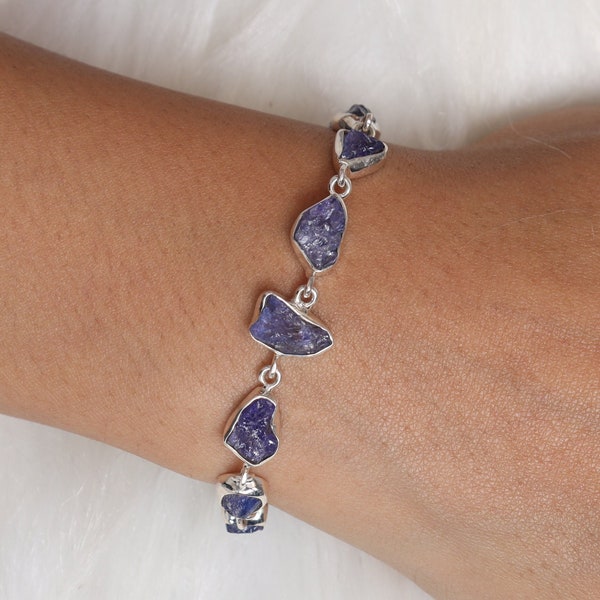 Raw Tanzanite Bracelet, 925 Sterling Silver Bracelet, December Birthstone Bracelet, Gemstone Bracelet, Women Silver Bracelet, Gift for Her