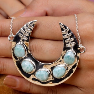 Dominican Larimar Pendant, 925 Sterling Silver Necklace, Statement Pendant, Half Moon Shaped Pendant, Handmade Silver Jewelry