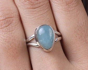 Natural Aquamarine Ring, 925 Sterling Silver Ring, Pear Shaped Gemstone Ring, Handmade Ring, Boho Ring, March Birthstone Ring, Women Ring