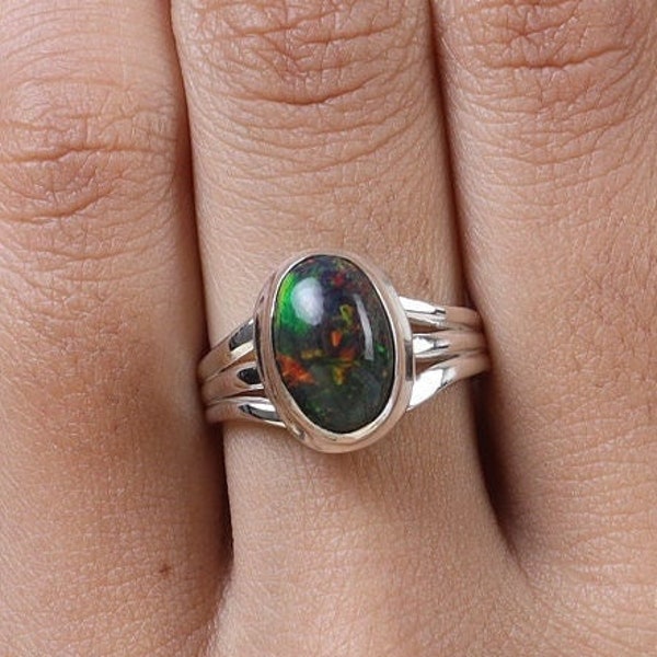 Bague opale noire, bague en argent sterling 925, bague en pierre précieuse ovale, bague à large bande argentée, bague de déclaration, bague Boho, bague en cristal, bague pour femmes