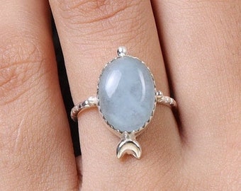 Anillo de aguamarina, anillo de plata de ley 925, anillo bohemio, anillo hecho a mano, anillo con piedra de nacimiento de marzo, anillo de cristal, anillo con piedra preciosa azul, anillo para mujer