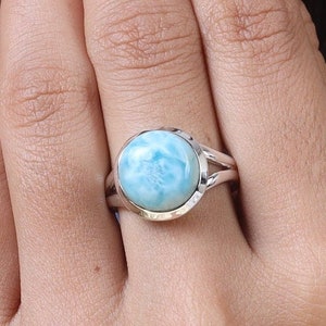Dominican Larimar Ring, 925 Sterling Silver Ring, Round Shaped Ring, Statement Ring, Handmade Ring, Women Ring, Gemstone Ring, Gift for Her