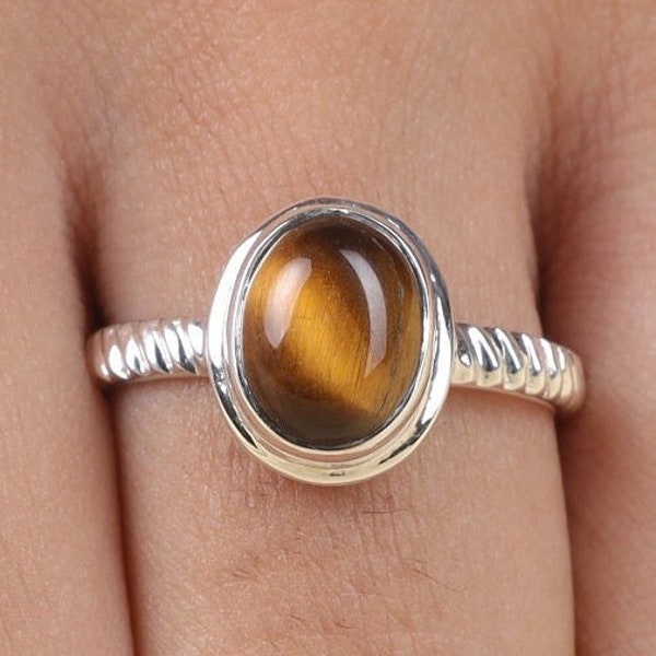 Tiger Eye Ring, 925 Sterling Silver Ring, Solitaire Ring, Oval Gemstone Ring, Boho Ring, Handmade Ring, Dainty Ring, Birthday Gift for Her