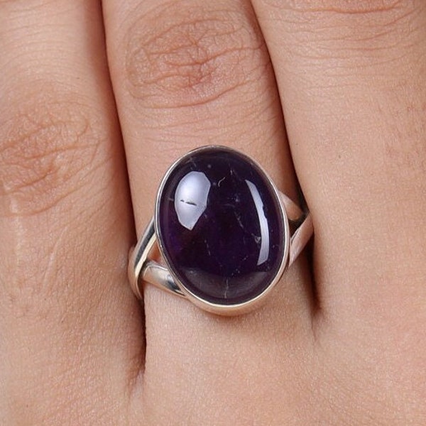 Amethyst Ring, 925 Sterling Silver Ring, February Birthstone Ring, Oval Cabochon Ring, Boho Ring, Crystal Gemstone Ring, Handmade Jewellery