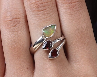 Raw Ethiopian Opal Ring, Garnet Ring, 925 Sterling Silver Ring, Boho Ring, Open Ring, Wrap Ring, Statement Ring, Handmade Raw Gemstone Ring