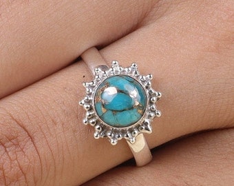 Blue Copper Turquoise Ring, 925 Sterling Silver Ring, December Birthstone, Round Gemstone Ring, Bohemian Ring, Turquoise Crystal Jewellery