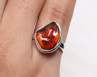 Raw Amber Ring, 925 Solid Sterling Silver Ring, Rough Crystal Ring, November Birthstone Ring, Handmade Jewellery, Anniversary Gift For Wife