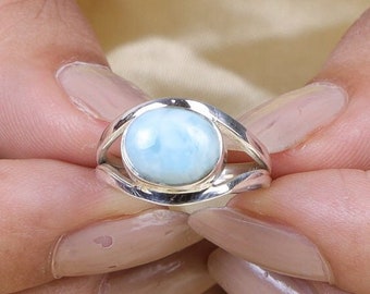 Natural Larimar Ring, 925 Sterling Silver Ring, Dominican Republic Ring, Crystal Ring, Bohemian Jewelry, Healing Crystal Ring, Gemstone Ring