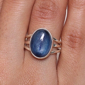 Kyanite Ring, 925 Sterling Silver Ring, September Birthstone, Oval Gemstone Ring, Triple Band Ring, Handmade Jewelry, Women Silver Ring