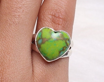 Green Copper Turquoise Ring, 925 Sterling Silver Ring, December Birthstone Ring, Heart Shaped Ring, Gemstone Ring, Handmade Silver Jewelry