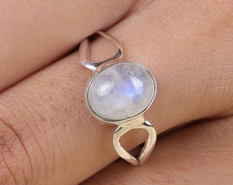 Bague en pierre de lune arc-en-ciel, bague en argent sterling 925, bague en cristal de guérison, bague faite à la main, bague Boho, bijoux Boho, cadeau d'anniversaire pour elle