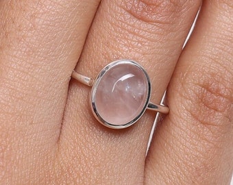 Rose Quartz Ring, 925 Solid Sterling Silver Ring, Cabochon Ring, Crystal Silver Ring, January Birthstone, Solitaire Ring, Handmade Jewellery