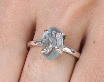 Anillo de aguamarina, anillo de plata de ley 925, anillo para mujer, anillo bohemio, anillo de compromiso, anillo con piedras preciosas, anillo con piedra de nacimiento de marzo, anillo de aguamarina en bruto