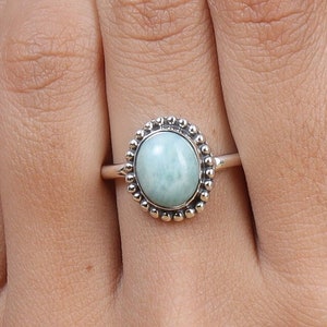 Natural Larimar Ring, 925 Sterling Silver Ring, Boho Ring, Dominican Larimar Ring, Handmade Silver Jewelry, Women Ring, Dainty Ring