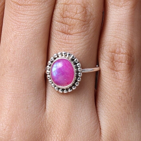 Pink Rainbow Moonstone Ring, 925 Solid Sterling Silver Ring, Gemstone Ring, Handmade Moonstone Ring, Ring for Women, Boho Silver Jewelry