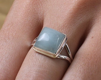 Aquamarine Ring, 925 Sterling Silver Ring, Square Shape Ring, Handmade Ring, Boho Ring, Blue Gemstone Ring, March Birthstone Ring