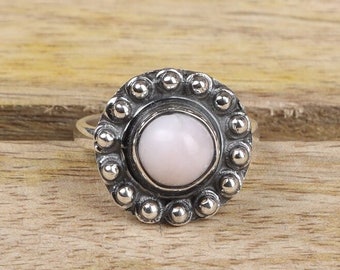 Natural Pink Opal, 925 Sterling Solid Silver Ring, Round Gemstone Ring, Boho Ring, Handmade Ring, October Birthday Ring, Women Silver Ring