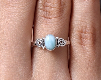 Natural Larimar Ring, 925 Sterling Silver Ring, Oval Gemstone Ring, Dominican Republic Larimar Ring, Women Silver Jewelry, Handmade Ring