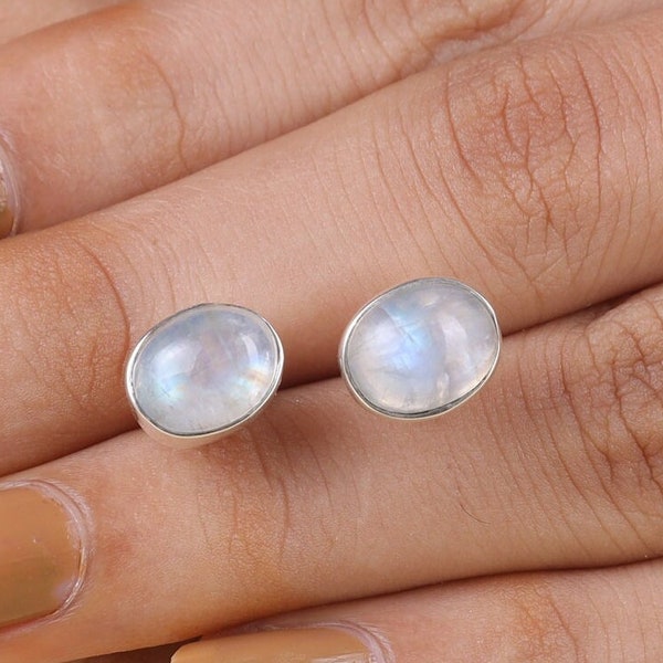 Rainbow Moonstone Stud Earrings, 925 Sterling Silver Earrings, June Birthstone, Gemstone Stud Earrings, Bohemian Earrings, Handmade Jewelry