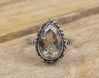 Bague améthyste verte, bague en argent sterling 925, bague avec pierres précieuses à facettes, bague en forme de larme, bague en argent pour femme, bague pour bijou fait main