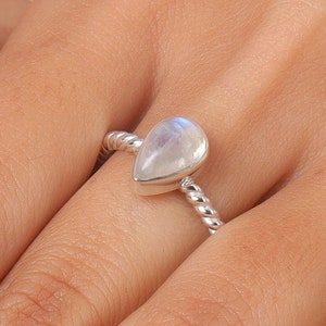 Rainbow Moonstone Ring, 925 Sterling Silver Ring, Pear Shaped Ring, Boho Ring, Dainty Ring, Stacking Ring, Adjustable Ring, Stackable Ring