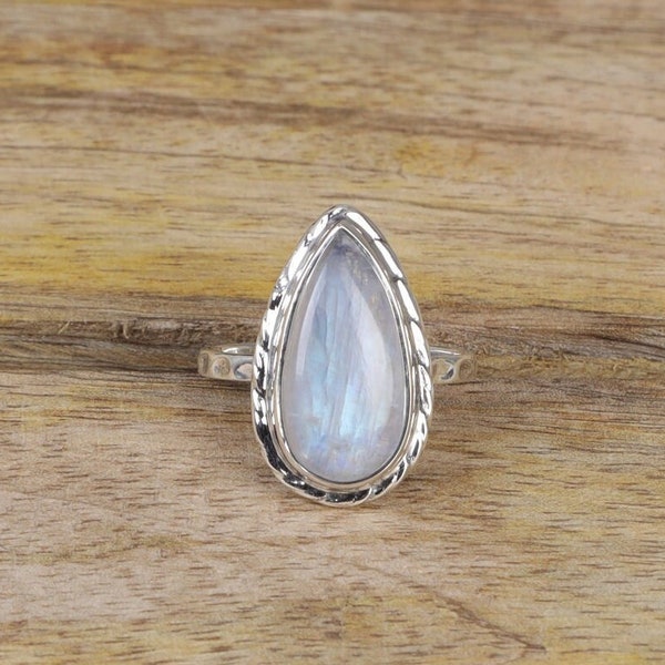 Rainbow Moonstone Ring, 925 Sterling Silver Ring, Pear Shaped Ring, Gemstone Ring, Ring for Women, Moonstone Jewelry, Boho Handmade Ring