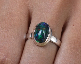 Black Opal Ring, 925 Sterling Silver Ring, Oval Gemstone Ring, Handmade Ring, Boho Ring, Opal Ring for Women, Opal Jewelry, Gift for Her