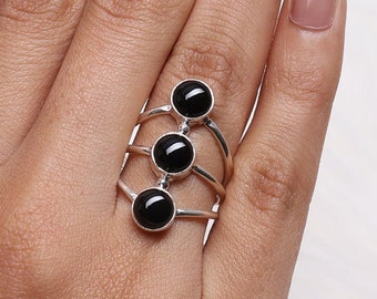 Black Onyx Ring, 925 Solid Sterling Silver Ring, Triple Gemstone Ring, Handmade Ring, December Birthstone, Boho Silver Jewelry, Women Ring