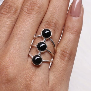 Black Onyx Ring, 925 Solid Sterling Silver Ring, Triple Gemstone Ring, Handmade Ring, December Birthstone, Boho Silver Jewelry, Women Ring