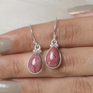 Natural Thulite Earrings, 925 Sterling Silver Earrings, Oval Gemstone Earrings, Drop Earrings, Elegant Earrings, Boho Earrings, Gift for Her