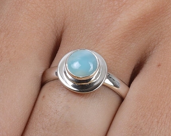 Larimar Ring, 925 Sterling Silver Ring, Dominican Larimar Ring, Round Gemstone Ring, Minimalist Jewellery, Handmade Ring, Engagement Ring