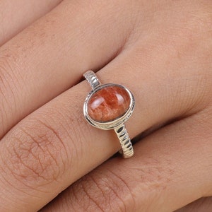 Natural Sunstone Ring, 925 Sterling Silver Ring, Orange Gemstone Ring, Oval Shape Ring, Handmade Jewelry, Cabochon Ring, Crystal Ring