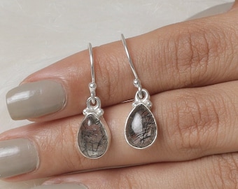 Black Rutile Quartz Earrings, 925 Sterling Silver Earrings, Golden Gemstone Earrings, Halloween Jewelry, Drop Earrings, Earrings For Women