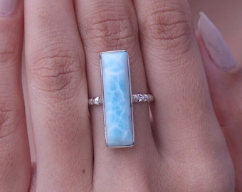 Natural Larimar Ring, 925 Sterling Silver Ring, Blue Gemstone Ring, Dominican Larimar Ring, Bohemian Jewelry, Dainty Ring, Ring for Women