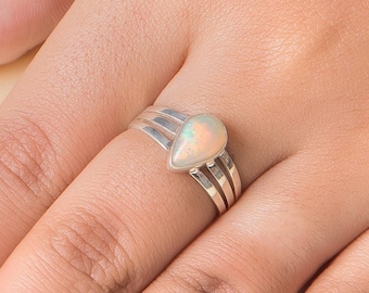 Ethiopian Opal Ring, 925 Sterling Silver Ring, Pear Opal Ring, Triple Band Ring, Gemstone Ring, October Birthstone Ring, Handmade Jewellery