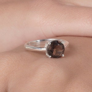 Smoky Quartz Ring, 925 Sterling Silver Ring, Round Shaped Ring, Cut Gemstone Ring, Minimalist Ring, Ring for Women, Boho Handmade Jewelry