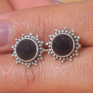 Natural Black Onyx Stud Earrings, Sterling Silver Black Onyx Studs, 925 Silver Stud Earring, Boho Stud Earring, Round Studs, Gift for Her