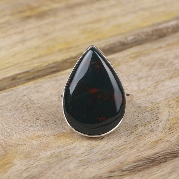 Natural Bloodstone Ring, 925 Sterling Silver Ring, Pear Crystal Ring, Statement Silver Ring, March Birthstone, Handmade Ring, Ring For Women