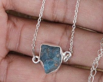 Raw Sky Blue Apatite Pendant, 925 Sterling Silver Pendant, Rough Gemstone Pendant, Handmade Jewelry, Pendant with Chain, Gift for Her