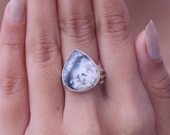 Anillo de ópalo dendrítico, anillo de plata de ley 925, anillo con piedra natal de octubre, anillo con piedras preciosas, anillo hecho a mano, joyería bohemia, regalo de Navidad