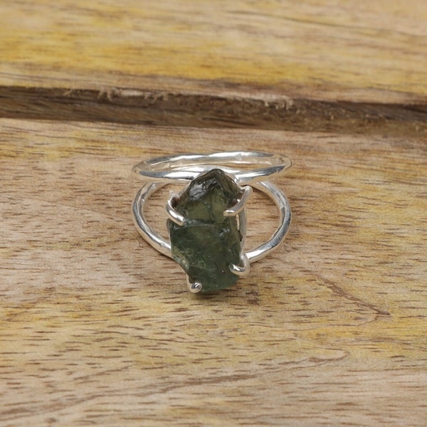 Raw Green Kyanite Ring, 925 Sterling Silver Ring, Rough Gemstone Ring, Double Band Ring, Handmade Jewelry, Vintage Ring, Anniversary Gifts