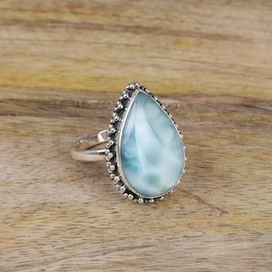 Larimar Ring, 925 Solid Sterling Silver Ring, Gemstone Statement Ring, Dominican Republic Larimar Ring, Handmade Jewelry Ring, Gift for Her