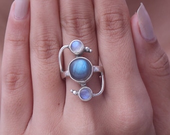 Bague Rainbow Moonstone & Labradorite, bague en argent sterling 925, bague en pierre précieuse, bijoux de déclaration, bague vintage, bague Boho, bague pour femmes