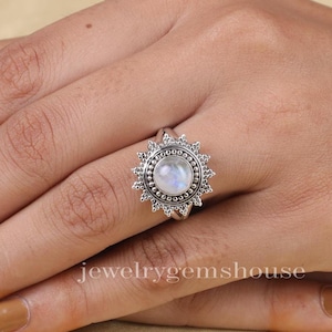 Rainbow Moonstone Ring, 925 Sterling Silver Ring, June Birthstone, Round Gemstone Ring, Ring for Women, Handmade Jewellery, Engagement Ring